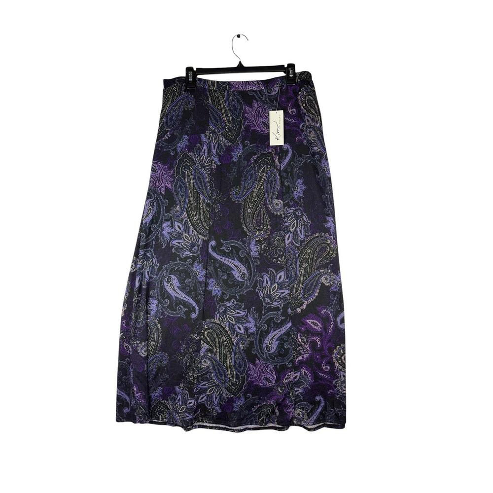 Kim Rogers Career Skirt Womens Large Purple Paisley A-Line Midi Pull On NWT
